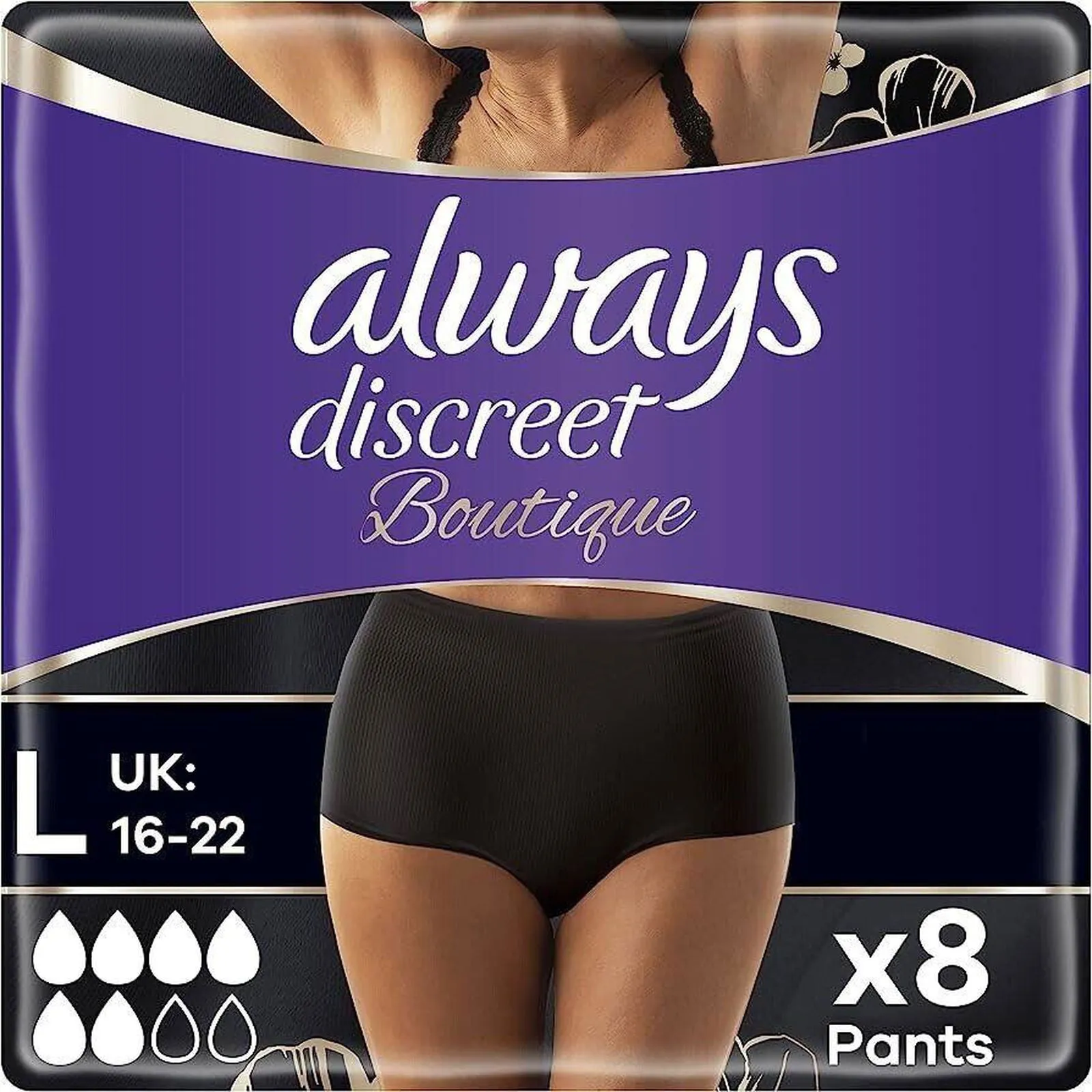 Always Discreet Boutique, Incontinence Underwear Black Large x8