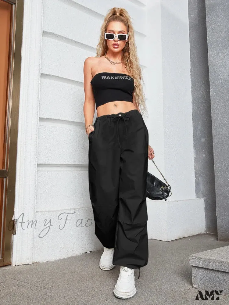 Amy Fashion - Oversized Drawstring Low Waist Slant Pocket Cargo Parachute Pants