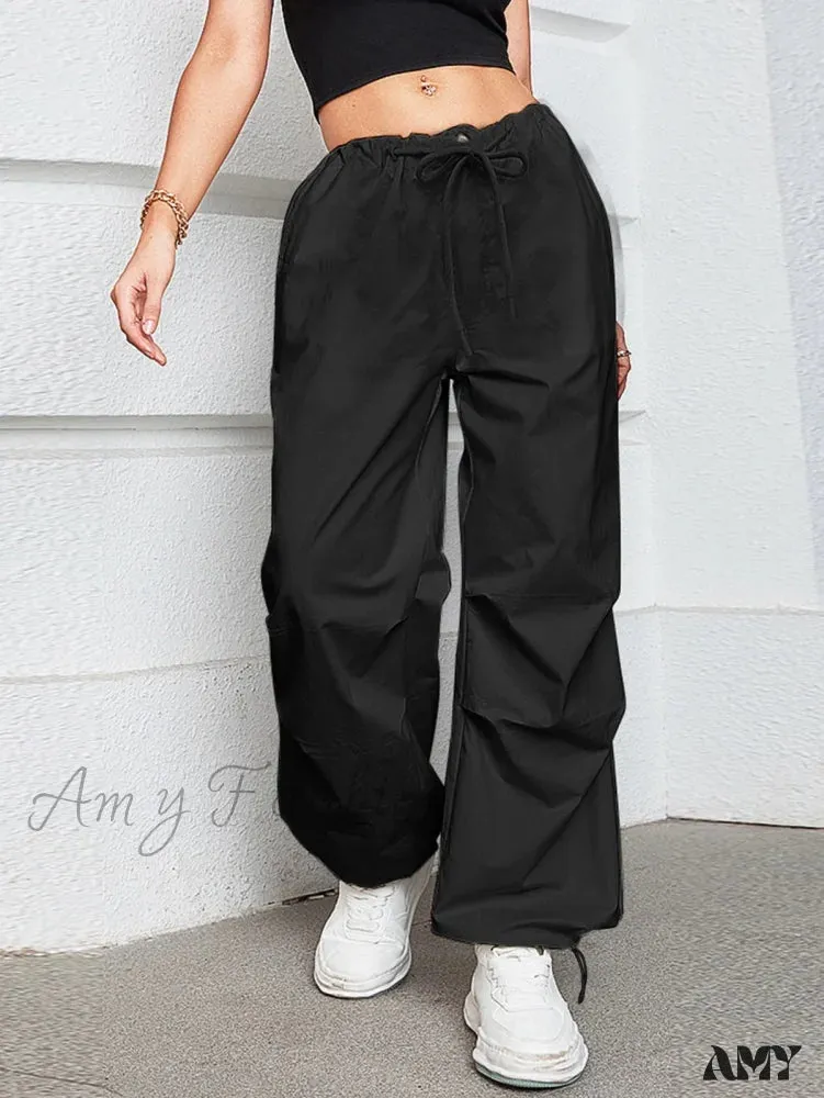 Amy Fashion - Oversized Drawstring Low Waist Slant Pocket Cargo Parachute Pants