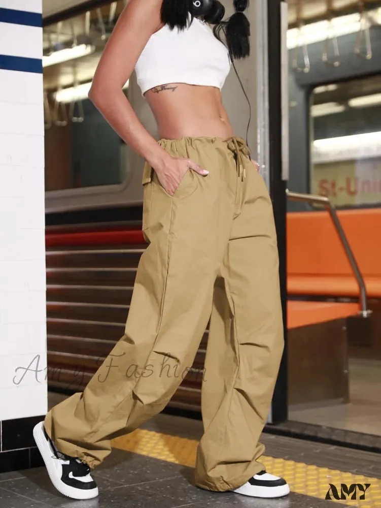 Amy Fashion - Oversized Drawstring Low Waist Slant Pocket Cargo Parachute Pants