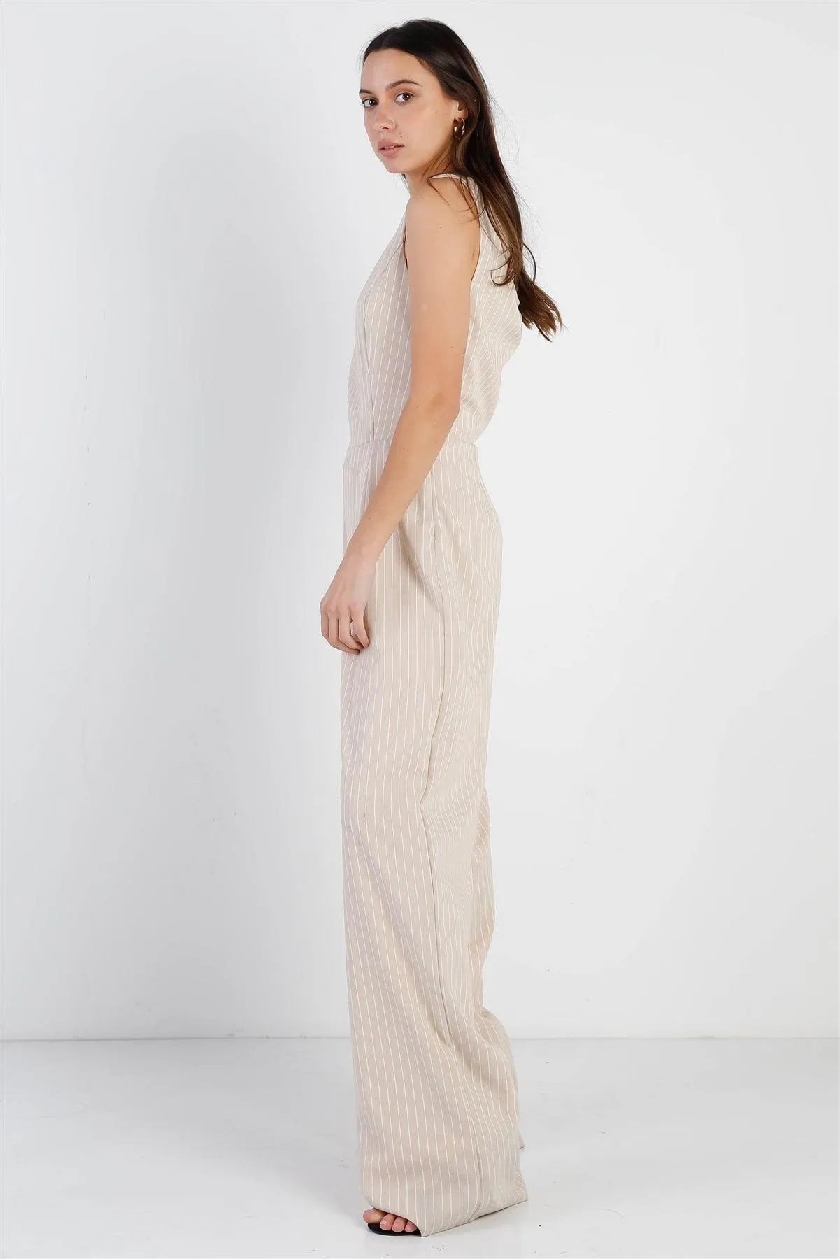 Beige & White Stripe Twisted Back Detail Sleeveless Jumpsuit /1-2-1