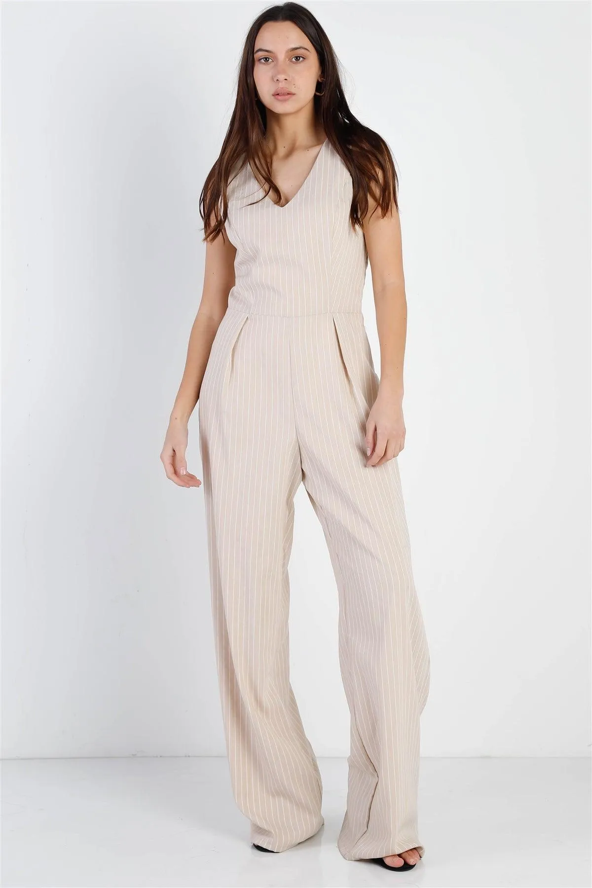 Beige & White Stripe Twisted Back Detail Sleeveless Jumpsuit /1-2-1