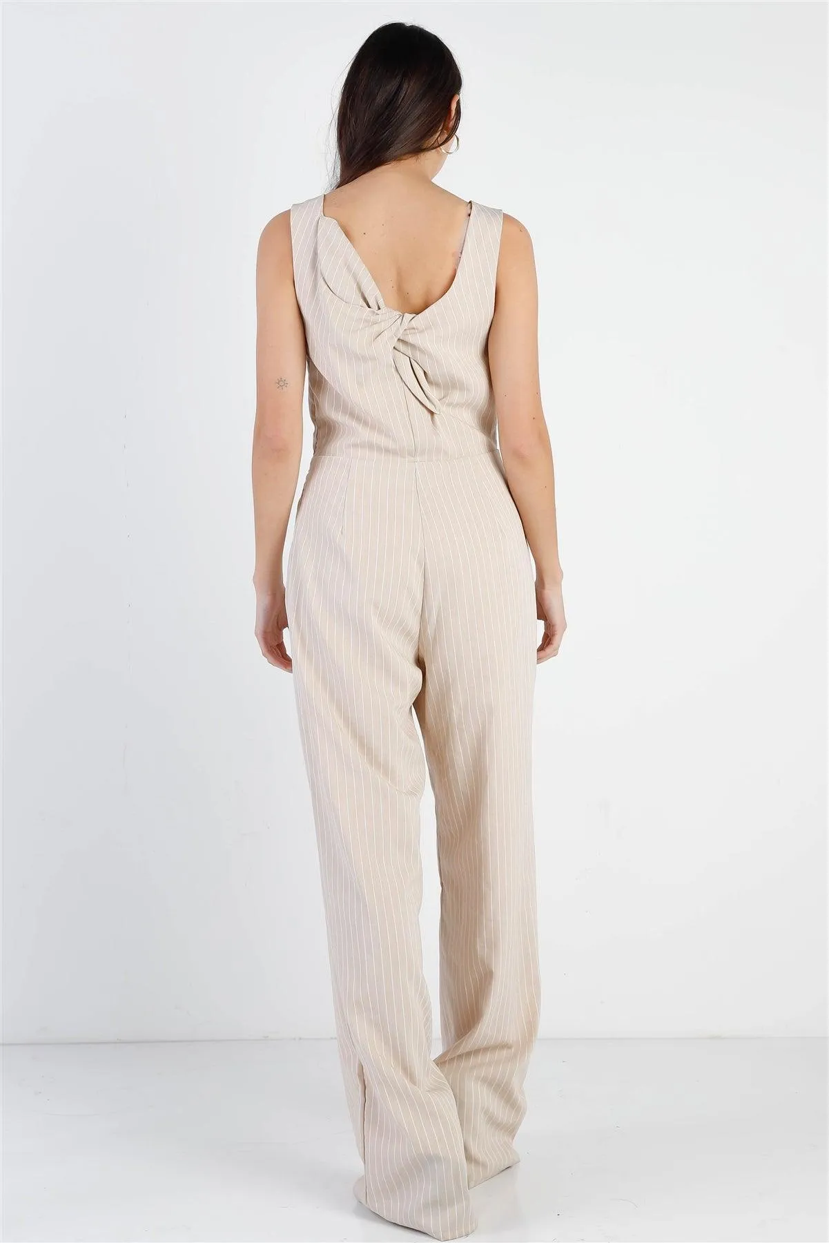 Beige & White Stripe Twisted Back Detail Sleeveless Jumpsuit /1-2-1