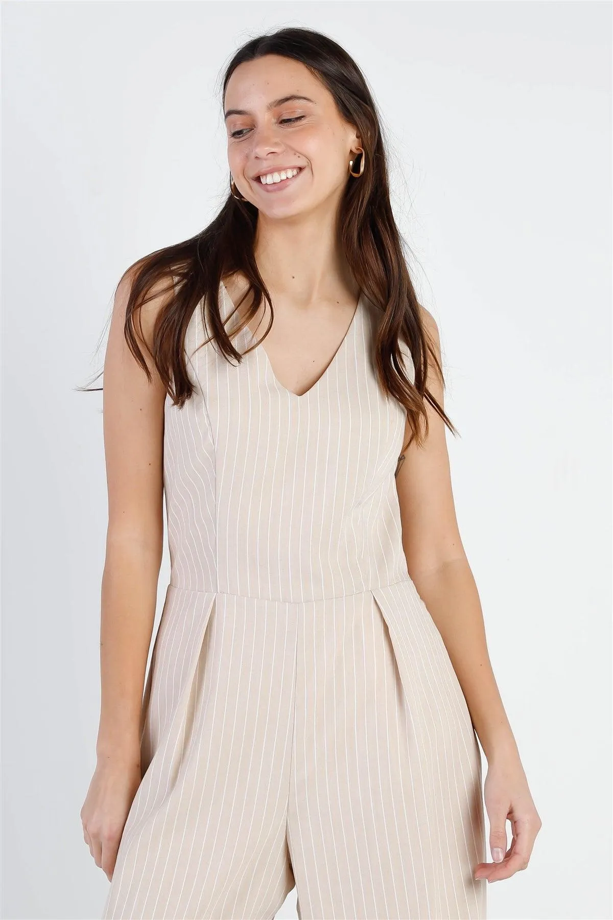 Beige & White Stripe Twisted Back Detail Sleeveless Jumpsuit /1-2-1