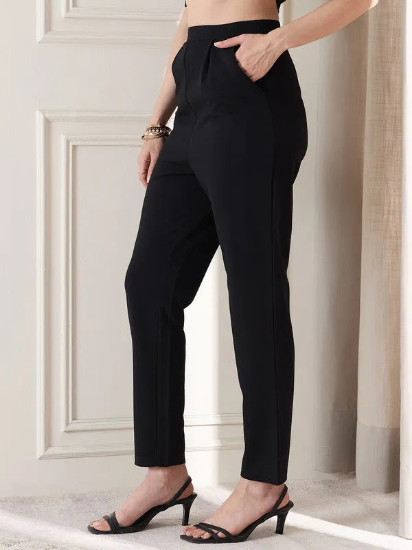 Berrylush BIZwear Women Solid Black High-Rise Waist Front-Pleat Skinny-Fit Slip-On Knitted Regular Trousers