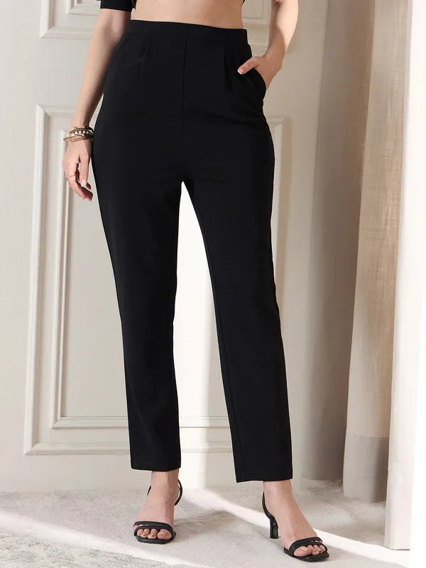 Berrylush BIZwear Women Solid Black High-Rise Waist Front-Pleat Skinny-Fit Slip-On Knitted Regular Trousers