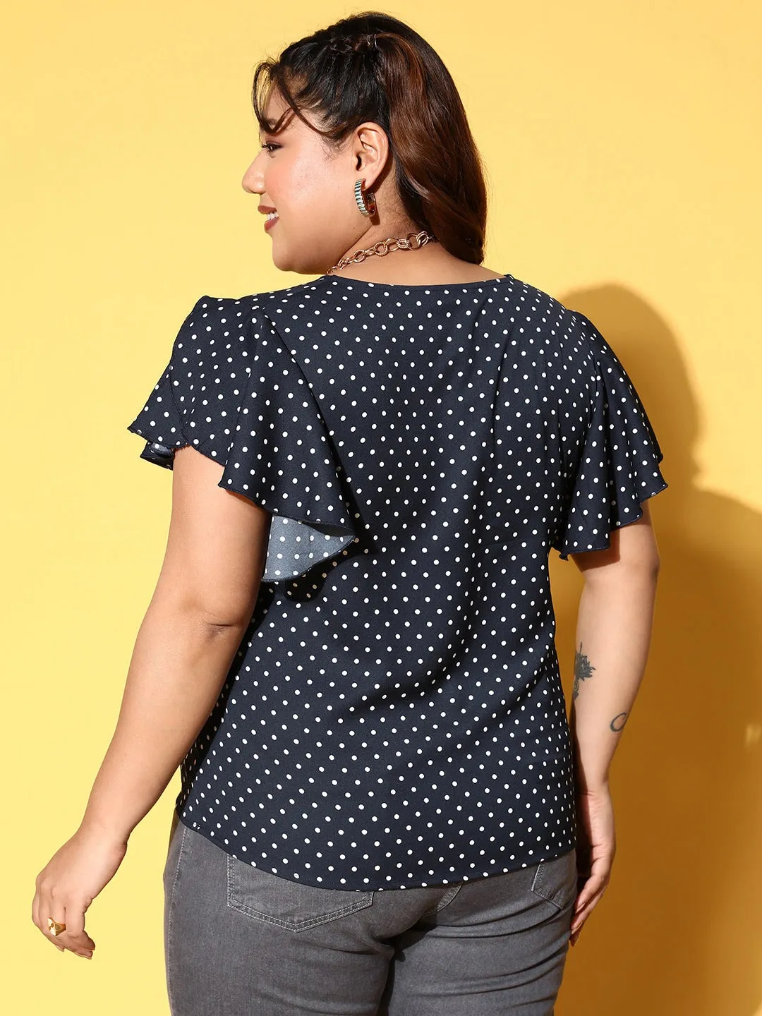 Berrylush Women Plus Size Navy Blue & White Polka Dot Printed V-Neck Flutter Sleeve Crepe Regular Top