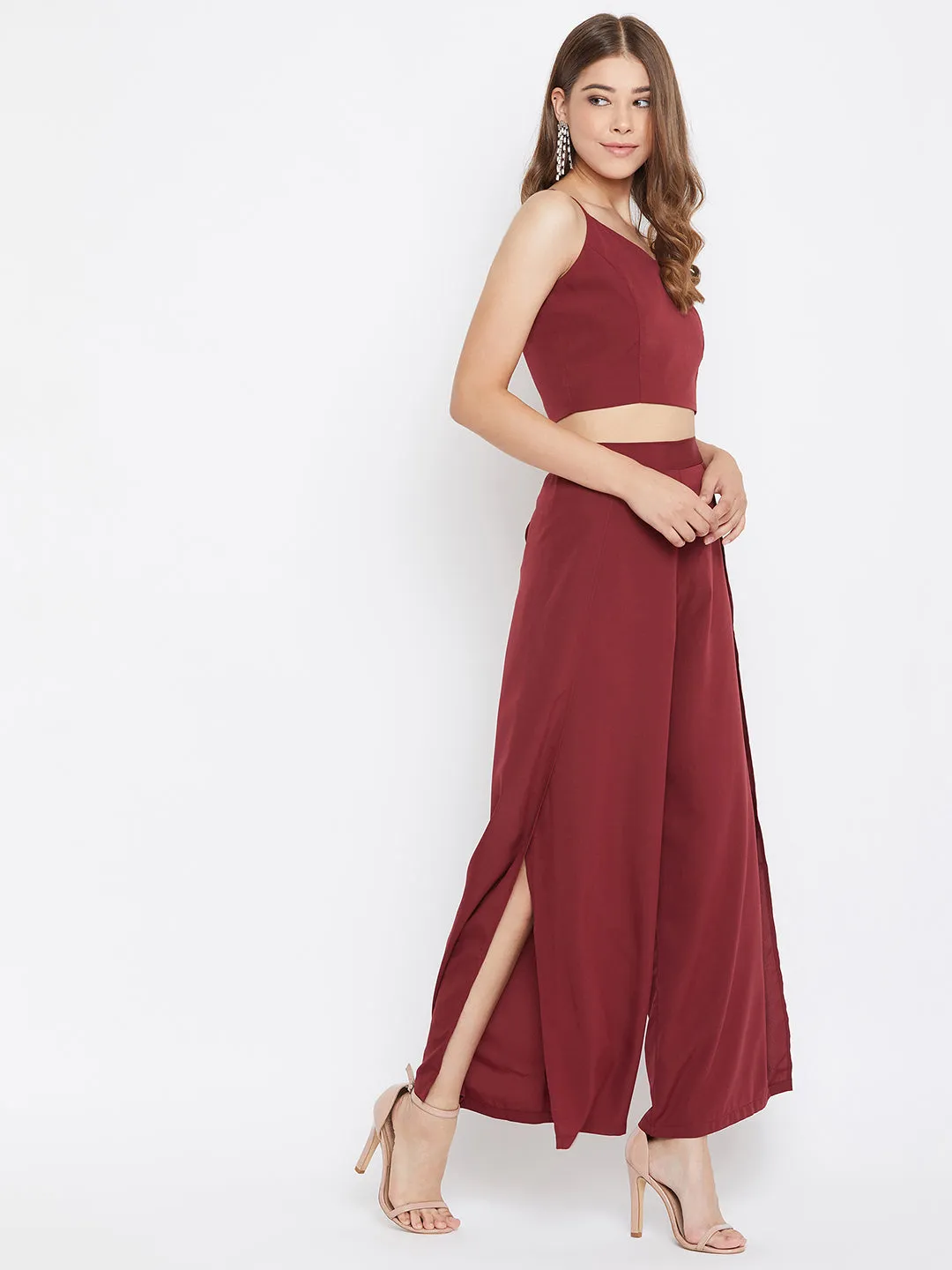 Berrylush Women Solid Maroon V-Neck Crop Top and Trousers Set