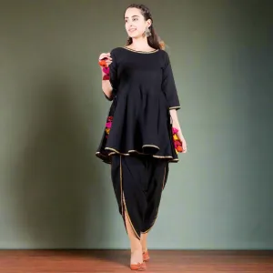 Black Dhoti Peplum Top Set with Multicolour Tassels