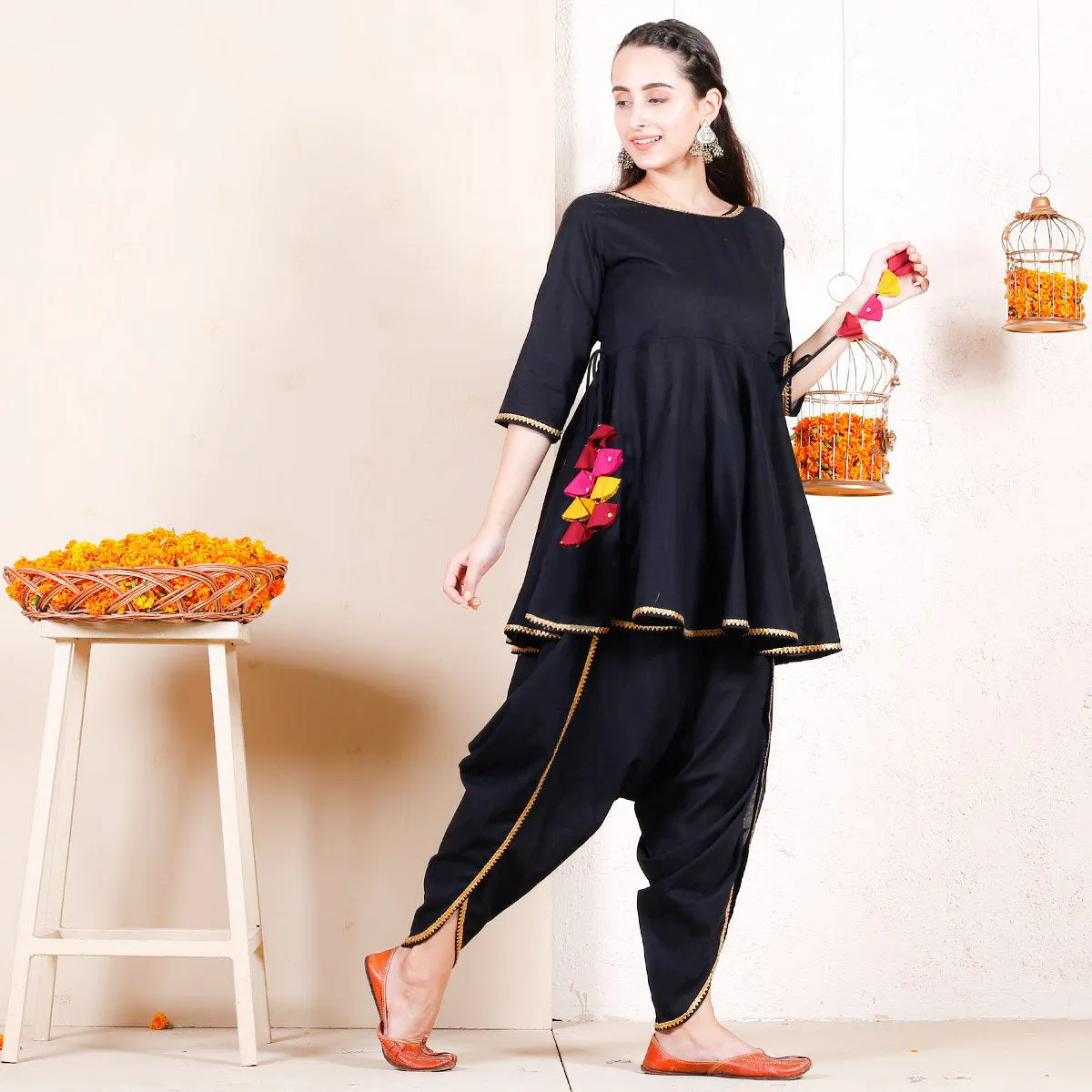 Black Dhoti Peplum Top Set with Multicolour Tassels