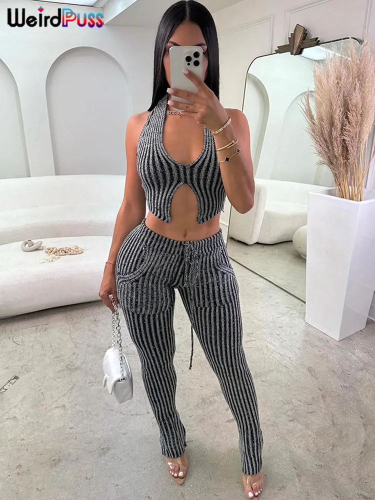 Blue Striped Women Casual Two Piece Set Crochet Halter Deep Pants Outfit