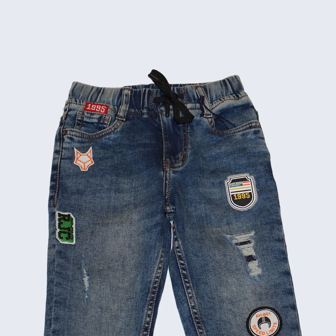 Boys Blue Distressed and Printed Jeans