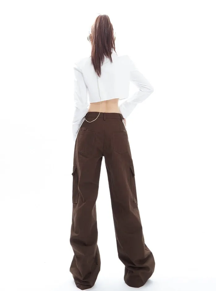 Brown Wide-Leg Cargo Track Pants