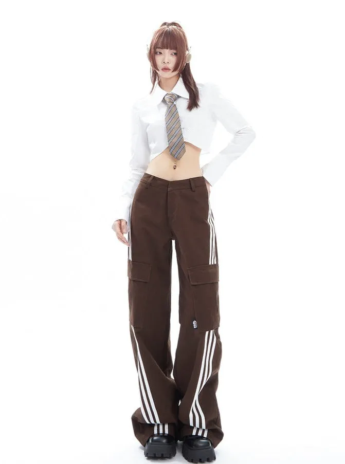 Brown Wide-Leg Cargo Track Pants