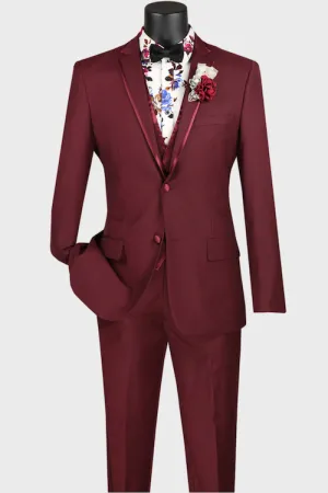 Burgundy 3 Piece Notch Lapel Tuxedo