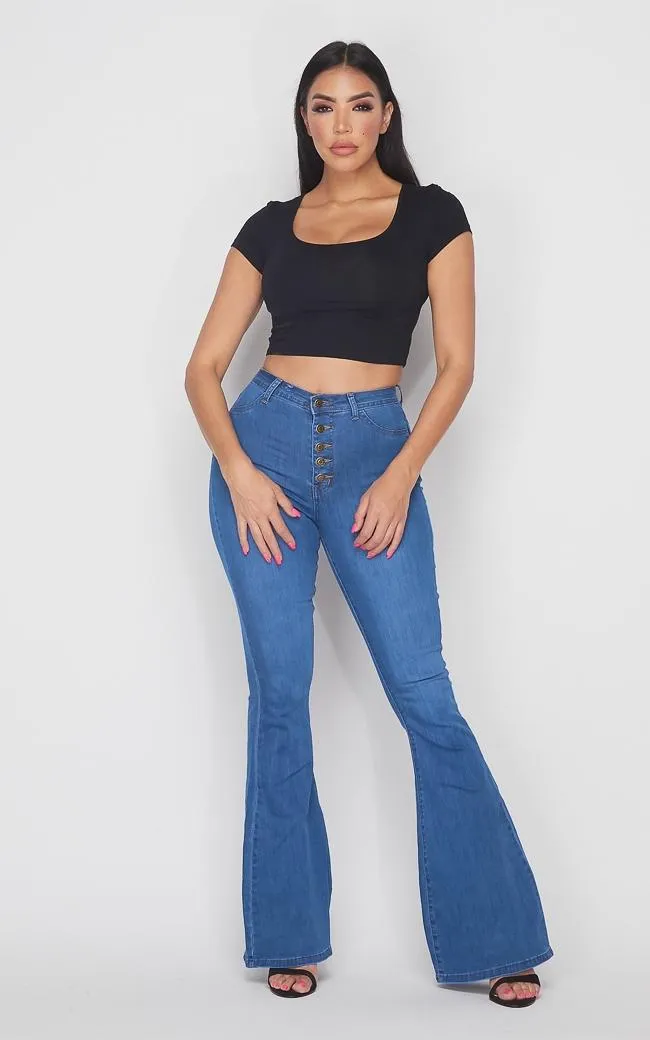 Button Fly Bell Bottom Stretchy Jeans - Medium Denim