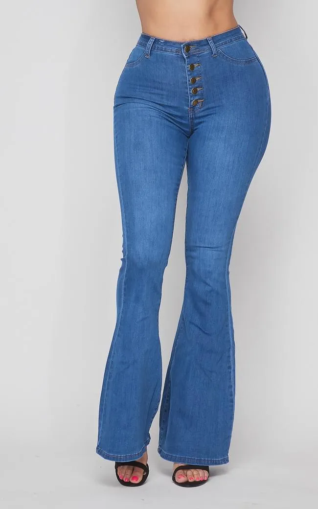 Button Fly Bell Bottom Stretchy Jeans - Medium Denim