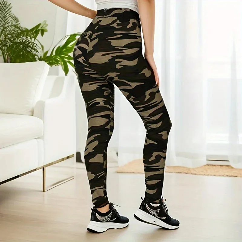 Camouflage Dark Green Elastic Slim Fit Outdoor Sports Yoga Pants Leggings