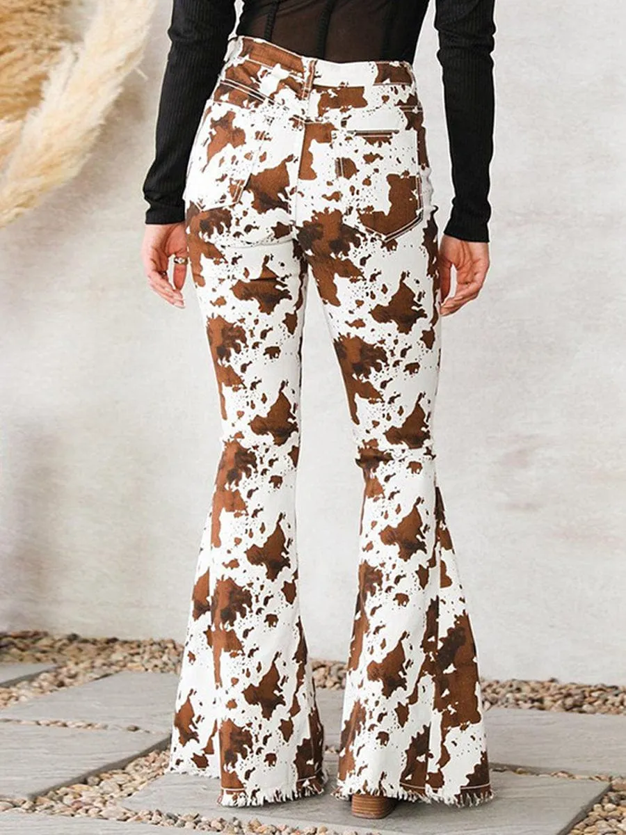 Casual Cow Print Flared Jeans