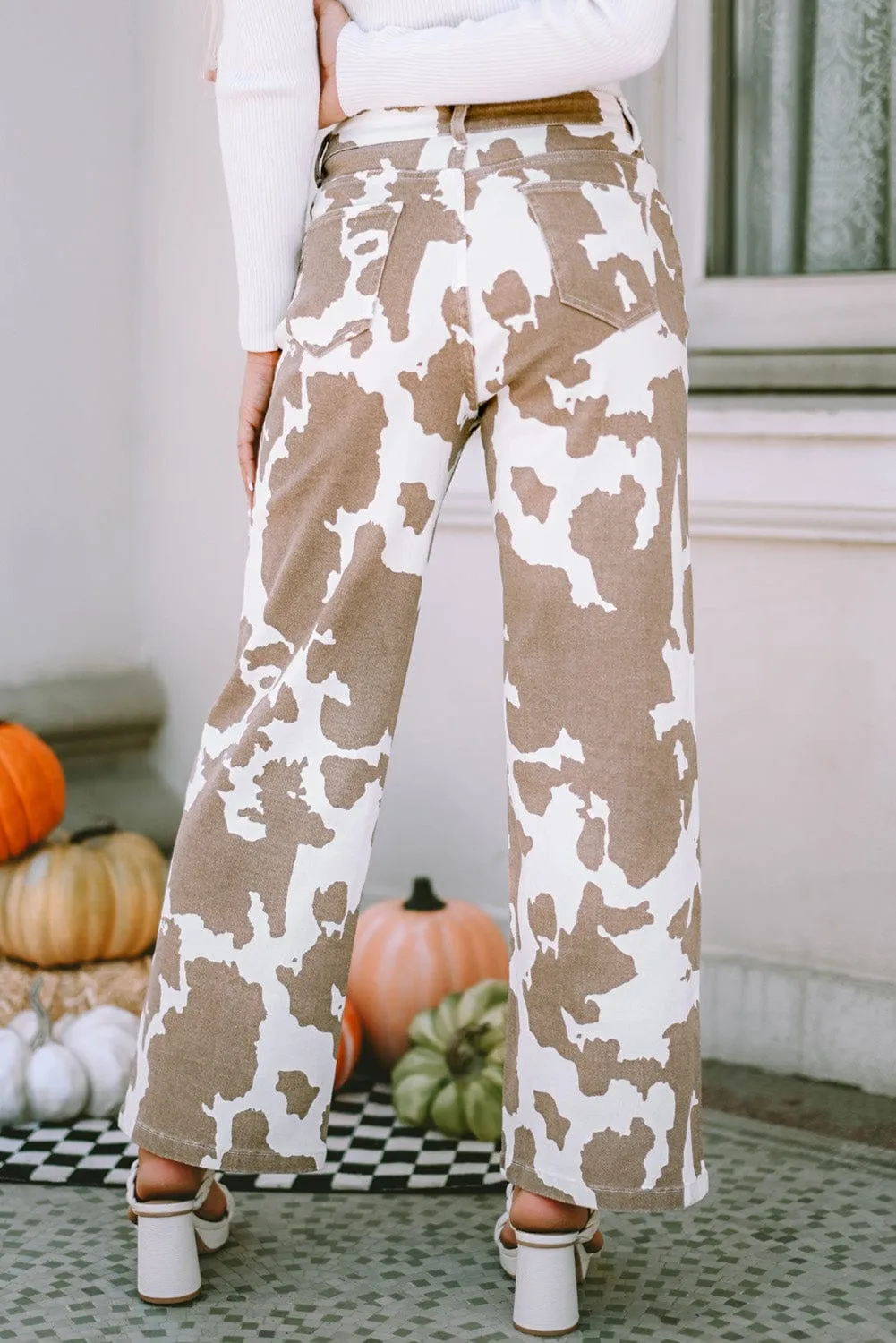 Casual Cow Print Flared Jeans