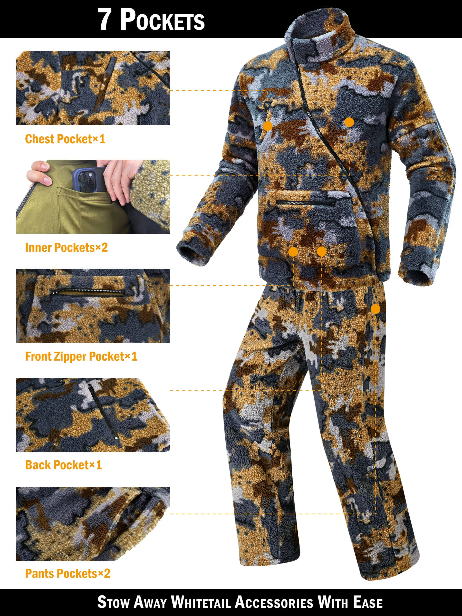 Cold Weather Wind Proof Bow Hunting Clothes for Men, Camo Hunting Jacket and Pants with Fleece