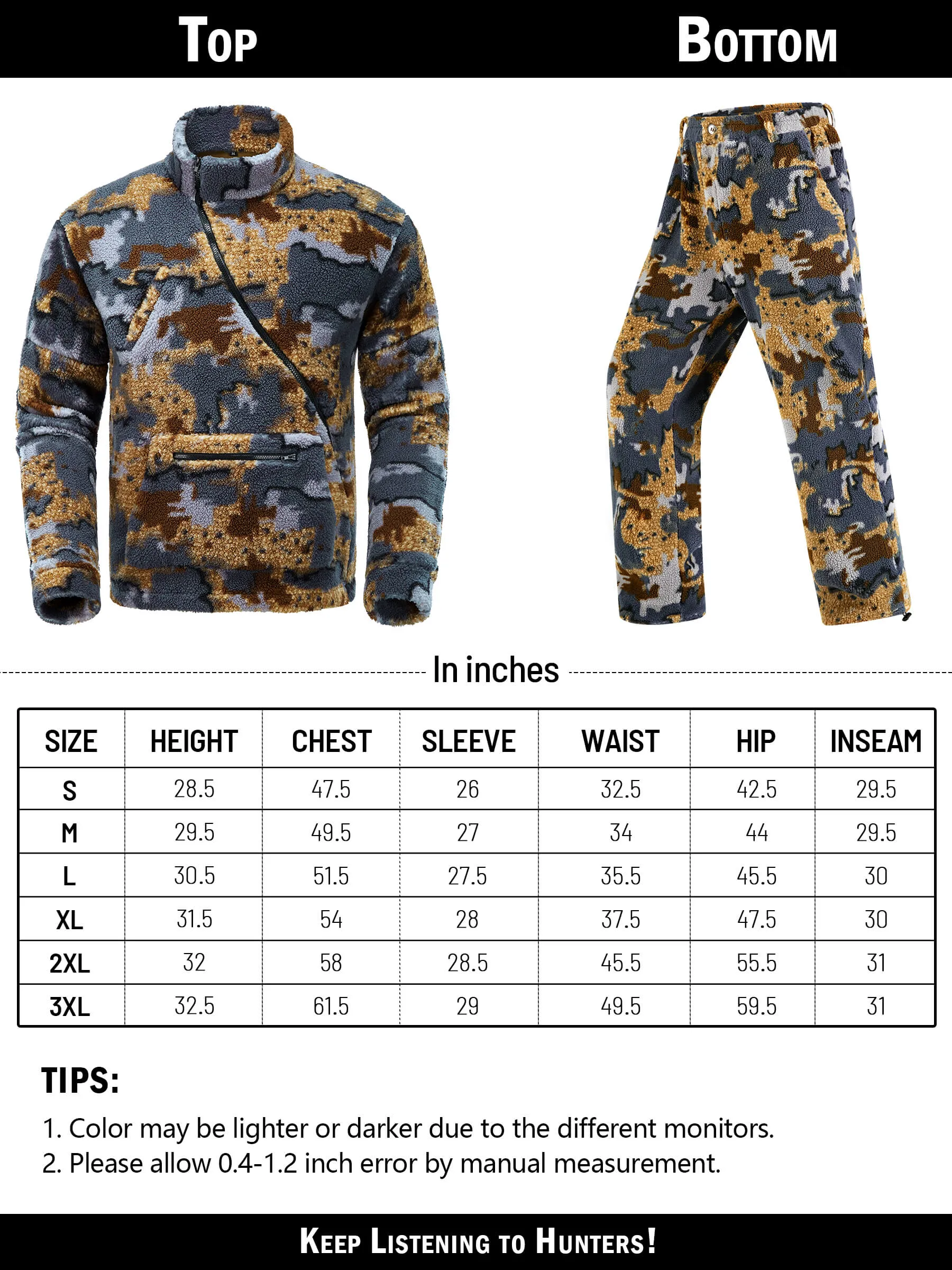 Cold Weather Wind Proof Bow Hunting Clothes for Men, Camo Hunting Jacket and Pants with Fleece