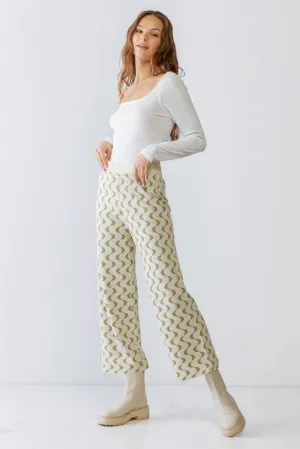 Cream & Green Wavy Line Print Knit High Waist Wide Leg Pants S-M-L/3-2-1