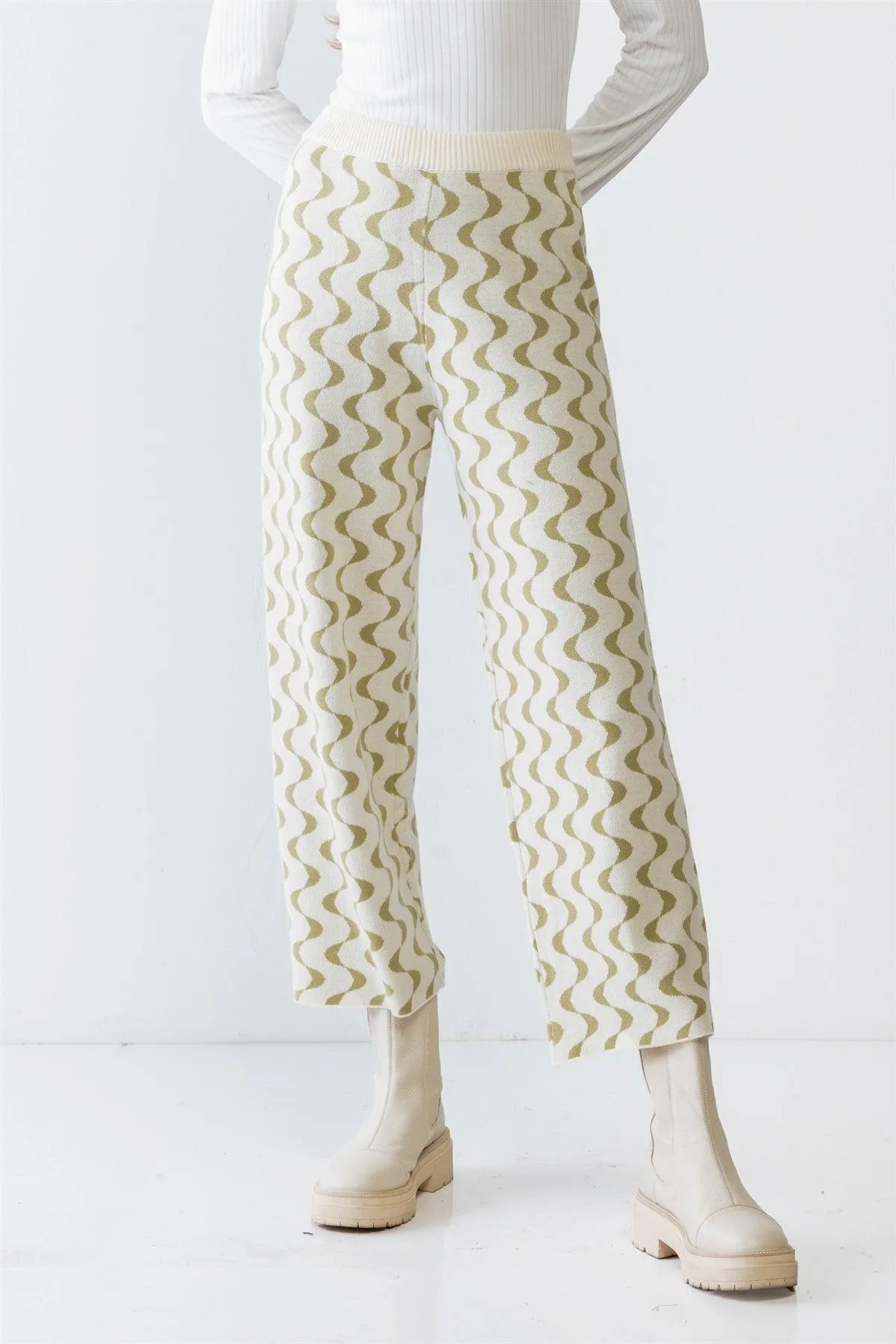 Cream & Green Wavy Line Print Knit High Waist Wide Leg Pants S-M-L/3-2-1