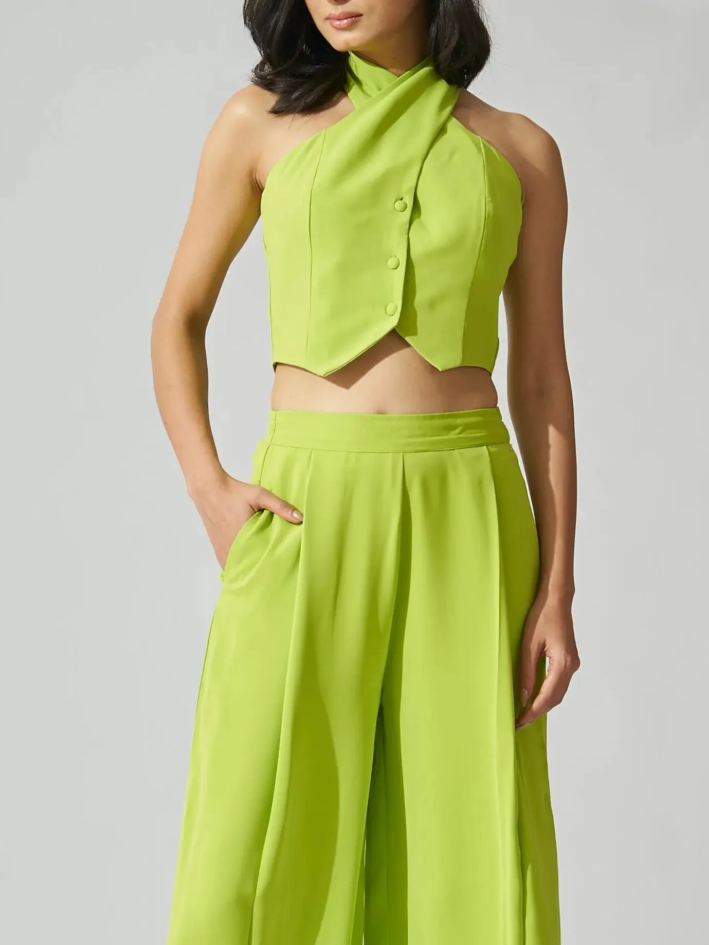 Cross Neck Cropped WaistCoat with Flared Pants