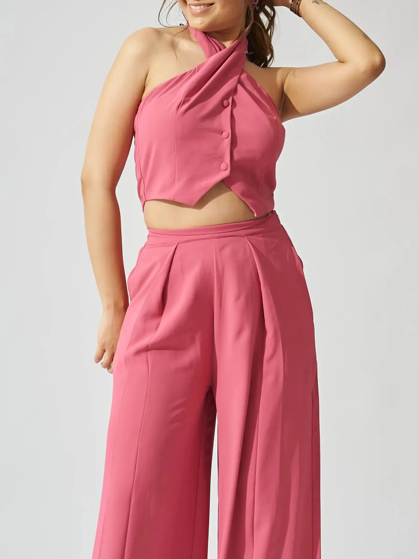 Cross Neck Cropped WaistCoat with Flared Pants