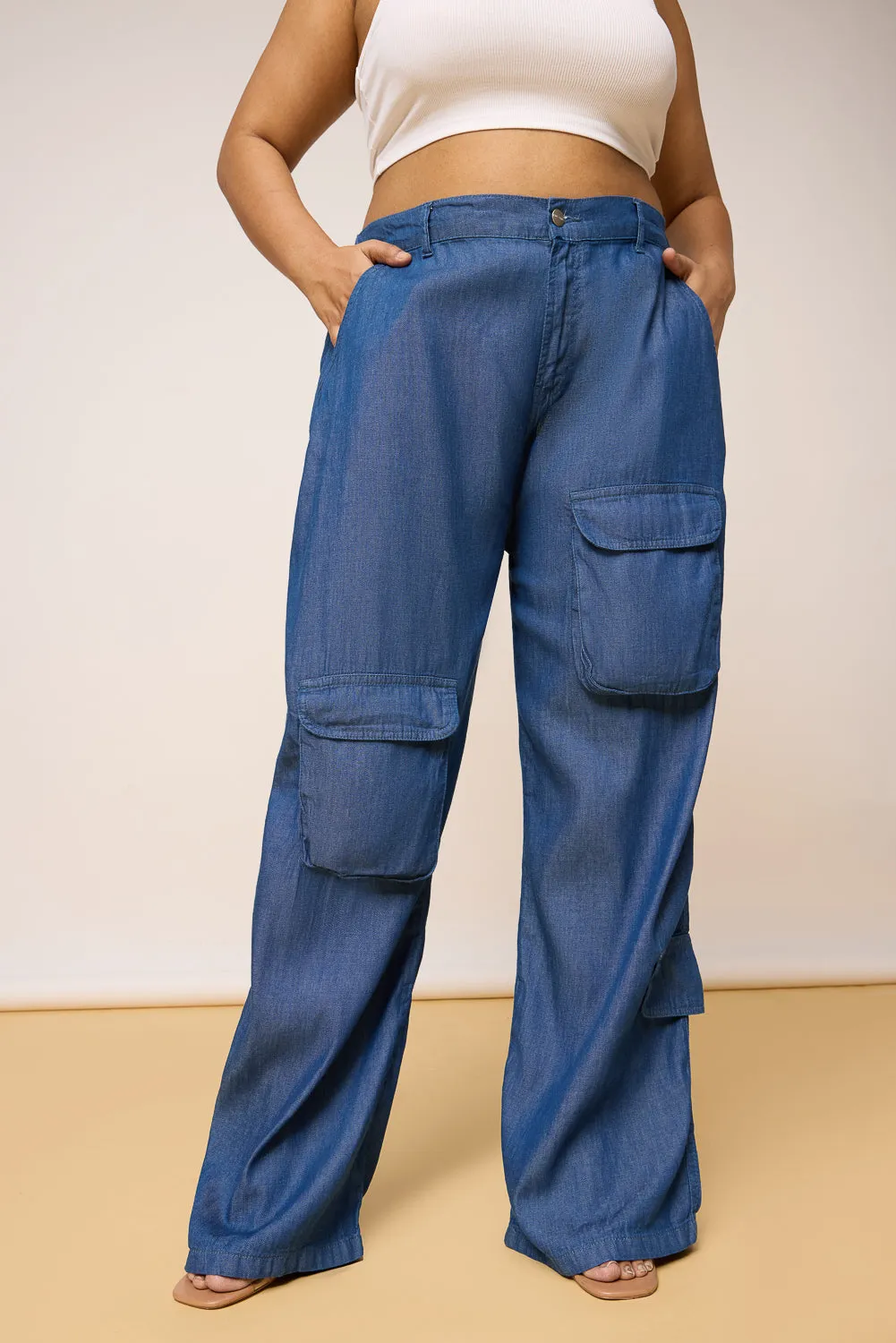 Curve Mid Blue Elastic Waist Cargo Denim Jeans