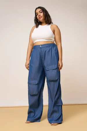 Curve Mid Blue Elastic Waist Cargo Denim Jeans