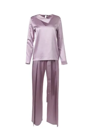 Flare Pleated Belted Pants In Snow Lilac