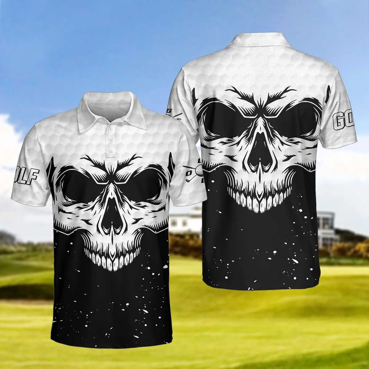 Golf Skull Pattern Black And White Polo Shirt, Golf Pattern Polo Shirt, Best Golf Shirt For Men Coolspod