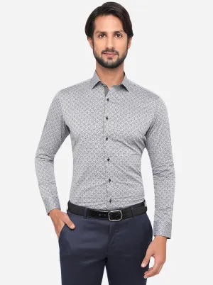 Grey & Navy Blue Printed Slim Fit Party Wear Shirt | JB Studio