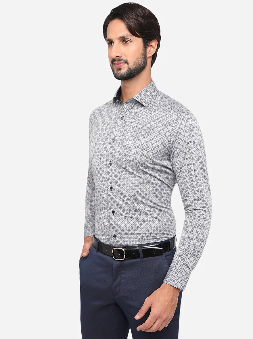 Grey & Navy Blue Printed Slim Fit Party Wear Shirt | JB Studio