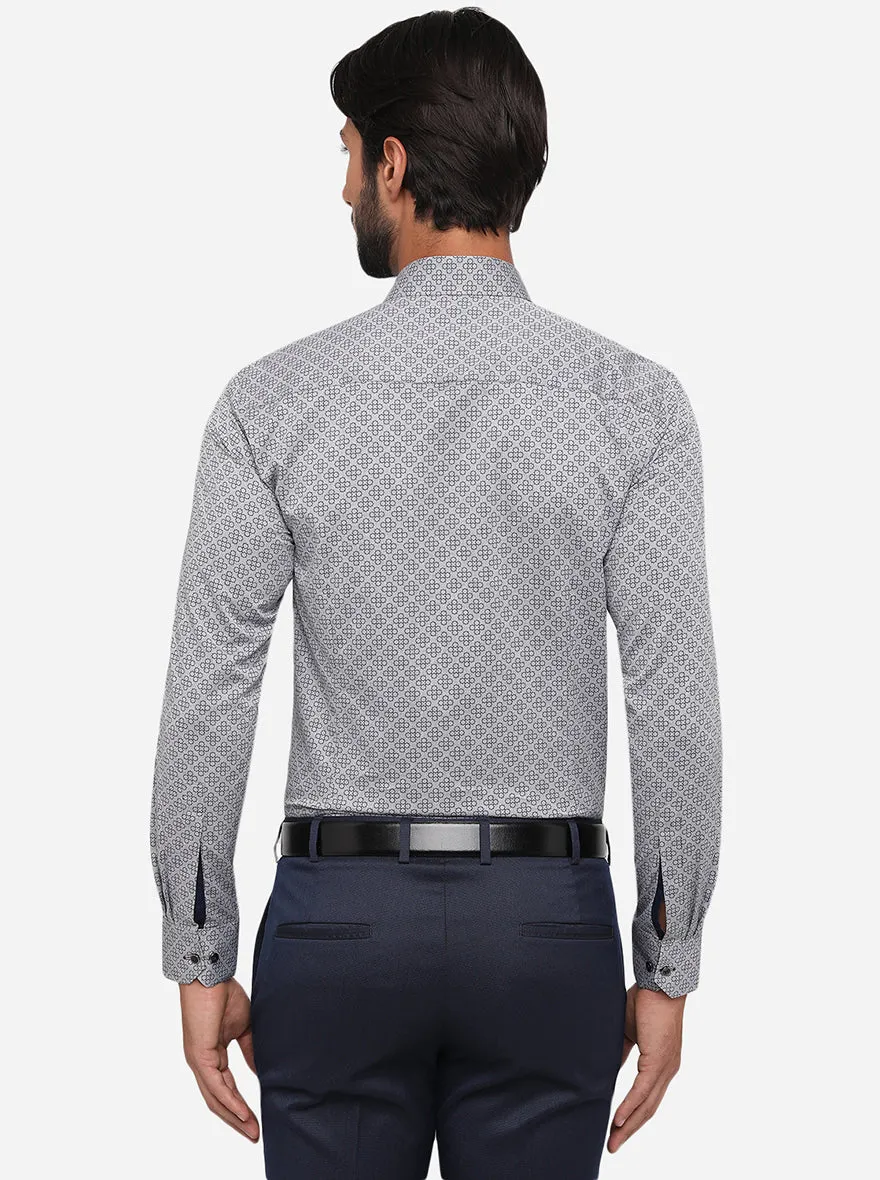 Grey & Navy Blue Printed Slim Fit Party Wear Shirt | JB Studio