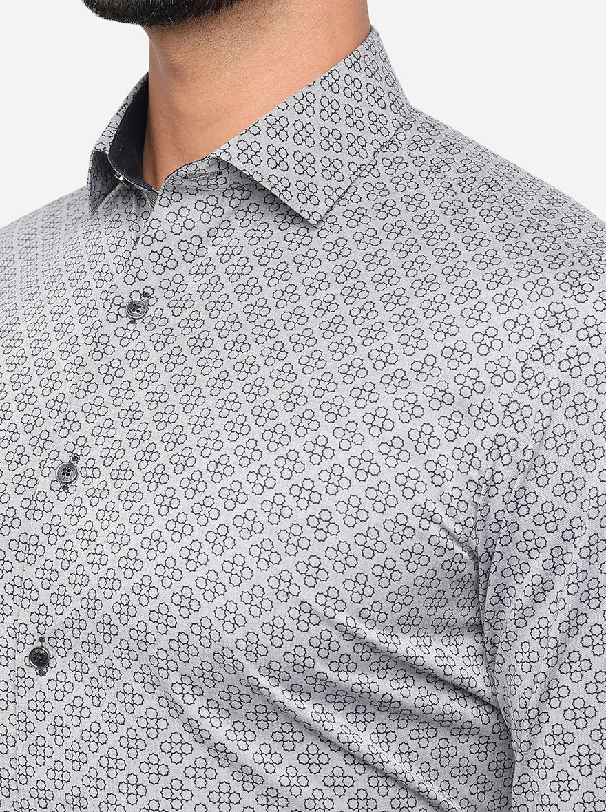 Grey & Navy Blue Printed Slim Fit Party Wear Shirt | JB Studio