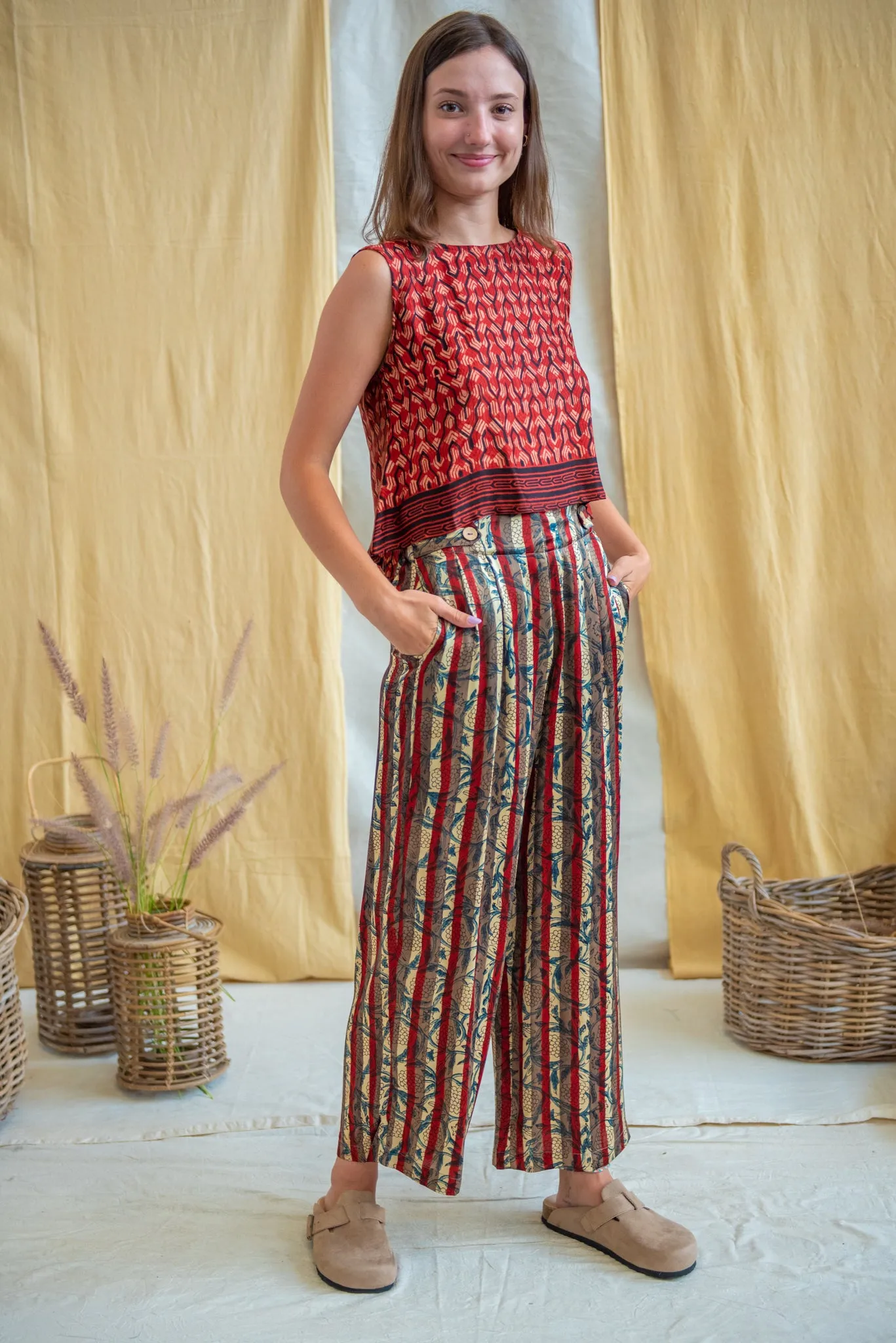 High Waisted Bottom Pants Ajrakh Silk Modal Stripe/Floral