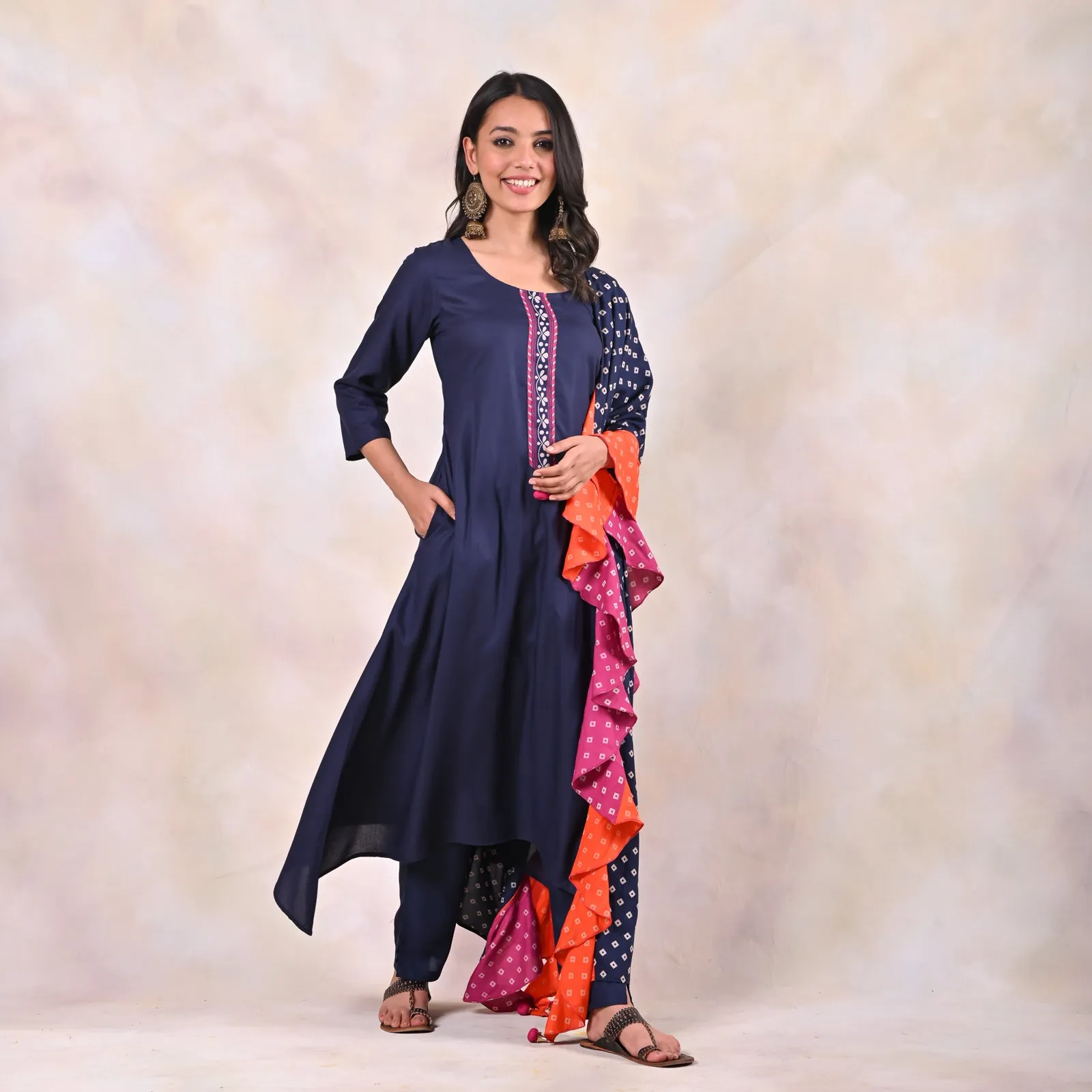 Indigo Kurta Pants Set with Tiered Bandhani Dupatta