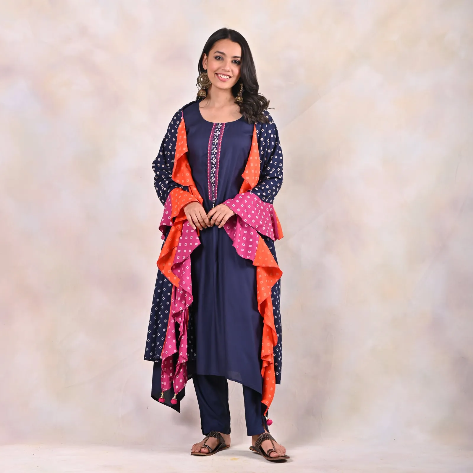 Indigo Kurta Pants Set with Tiered Bandhani Dupatta