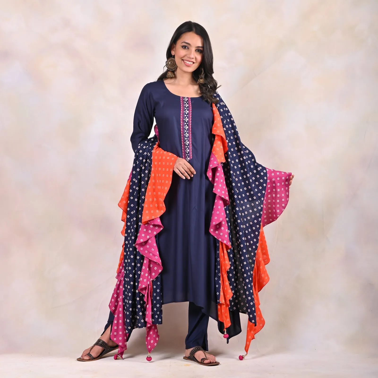 Indigo Kurta Pants Set with Tiered Bandhani Dupatta