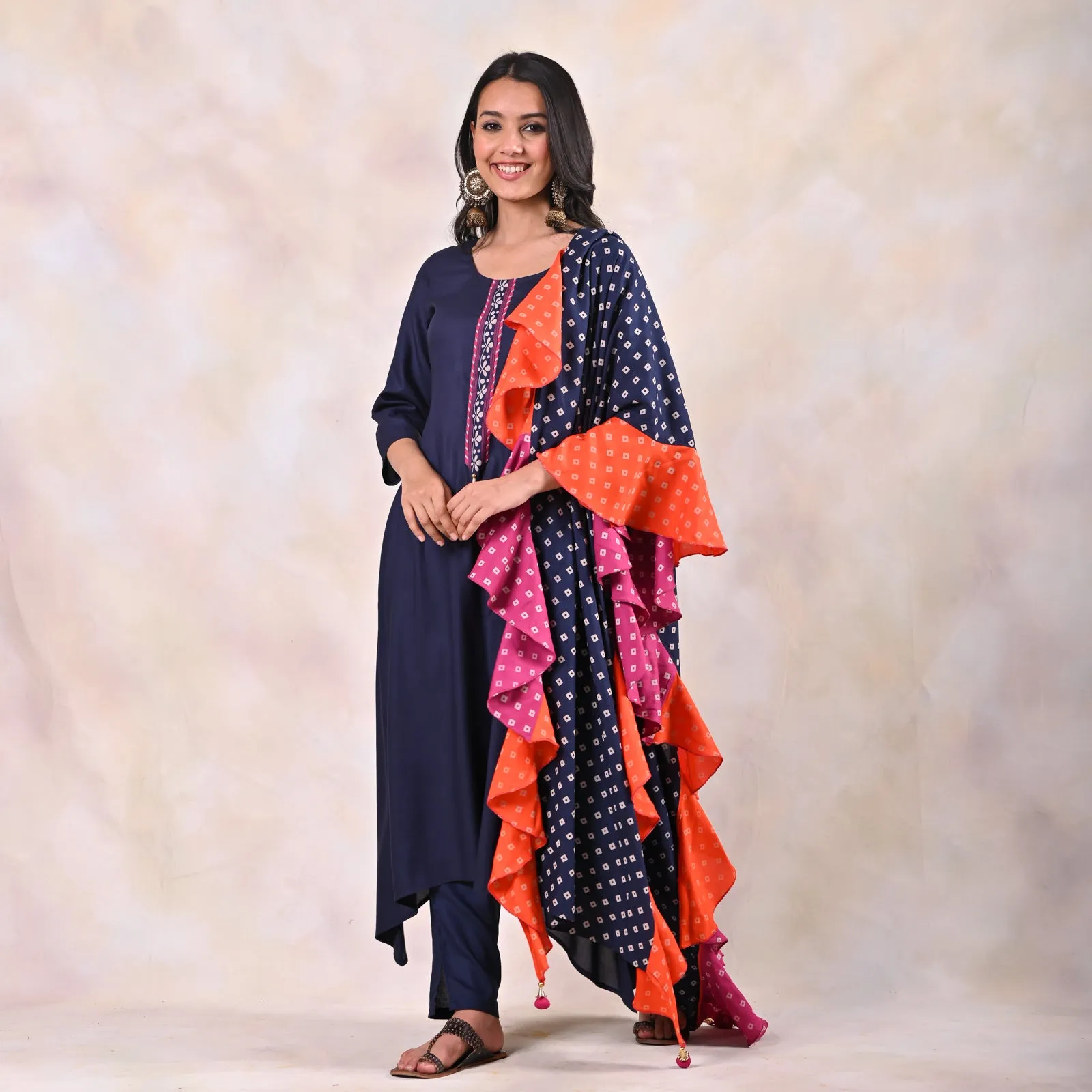 Indigo Kurta Pants Set with Tiered Bandhani Dupatta