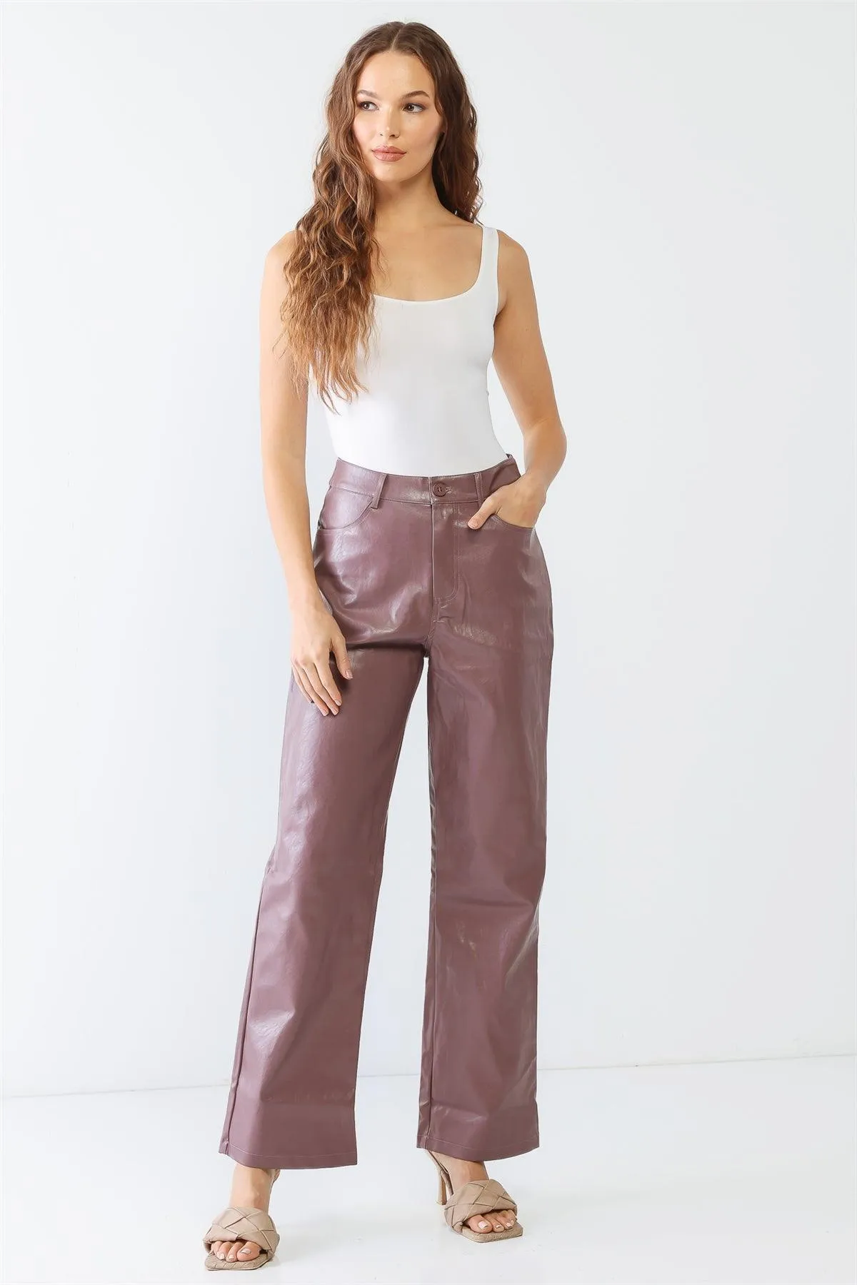 Lavender Faux Leather Four Pocket Wide Leg High Waist Pants /1-2-2-1