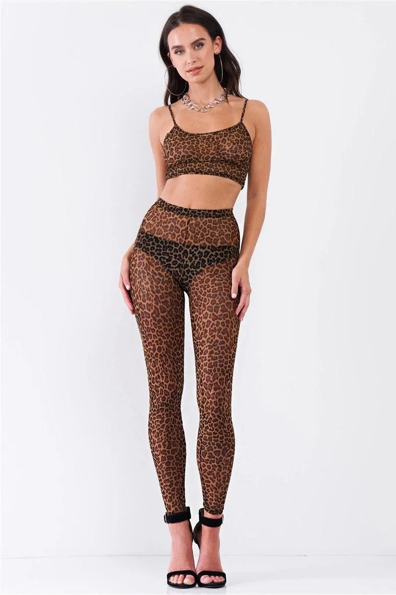 Leopard Print Sexy Sheer Mesh Sleeveless Crop Top & High Waist Legging Set /2-2-2