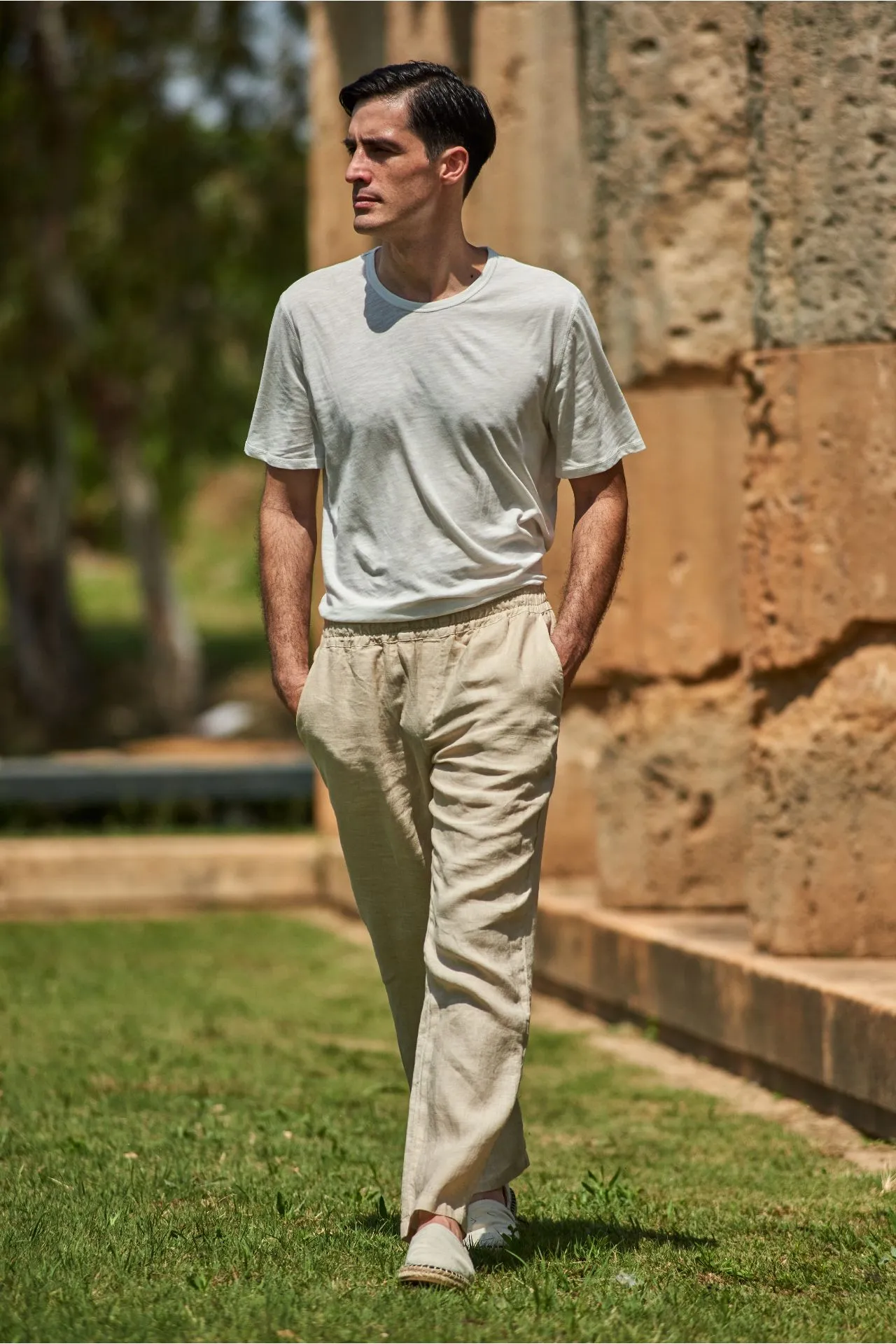 Linen Pants With Rib And Back Pockets