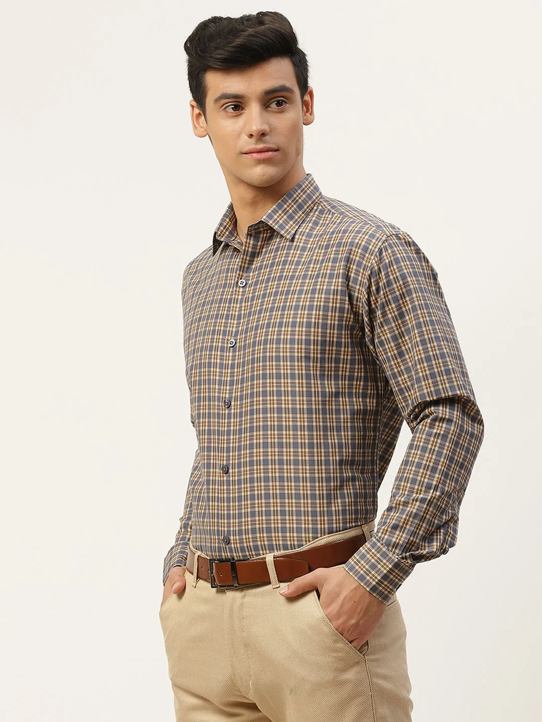 Mens Cotton Brown & Taupe Checked Formal Shirt - Sojanya