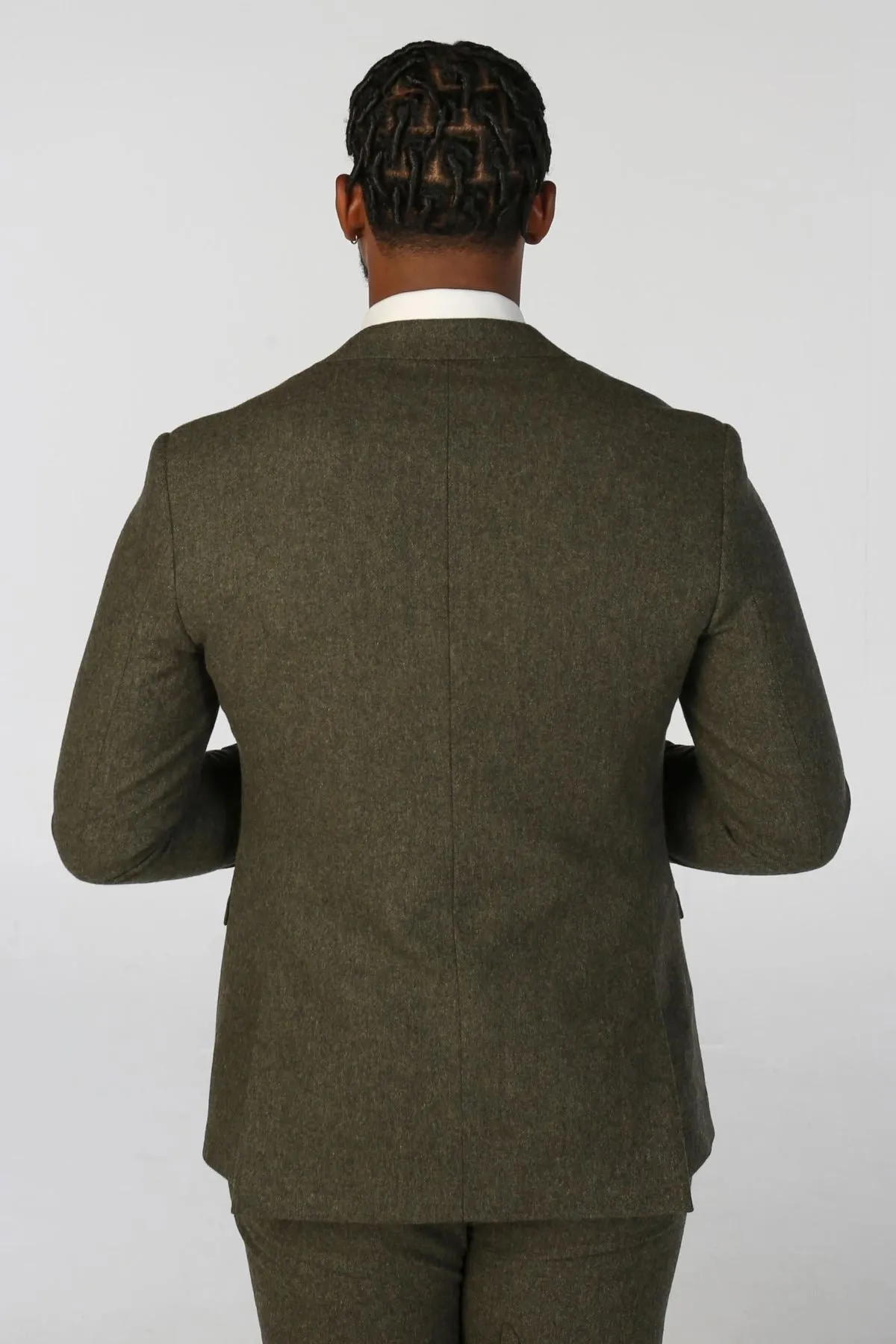 Men's Suit 3 Piece Olive Green Wool Blend Tweed Tailored Fit Formal Dress