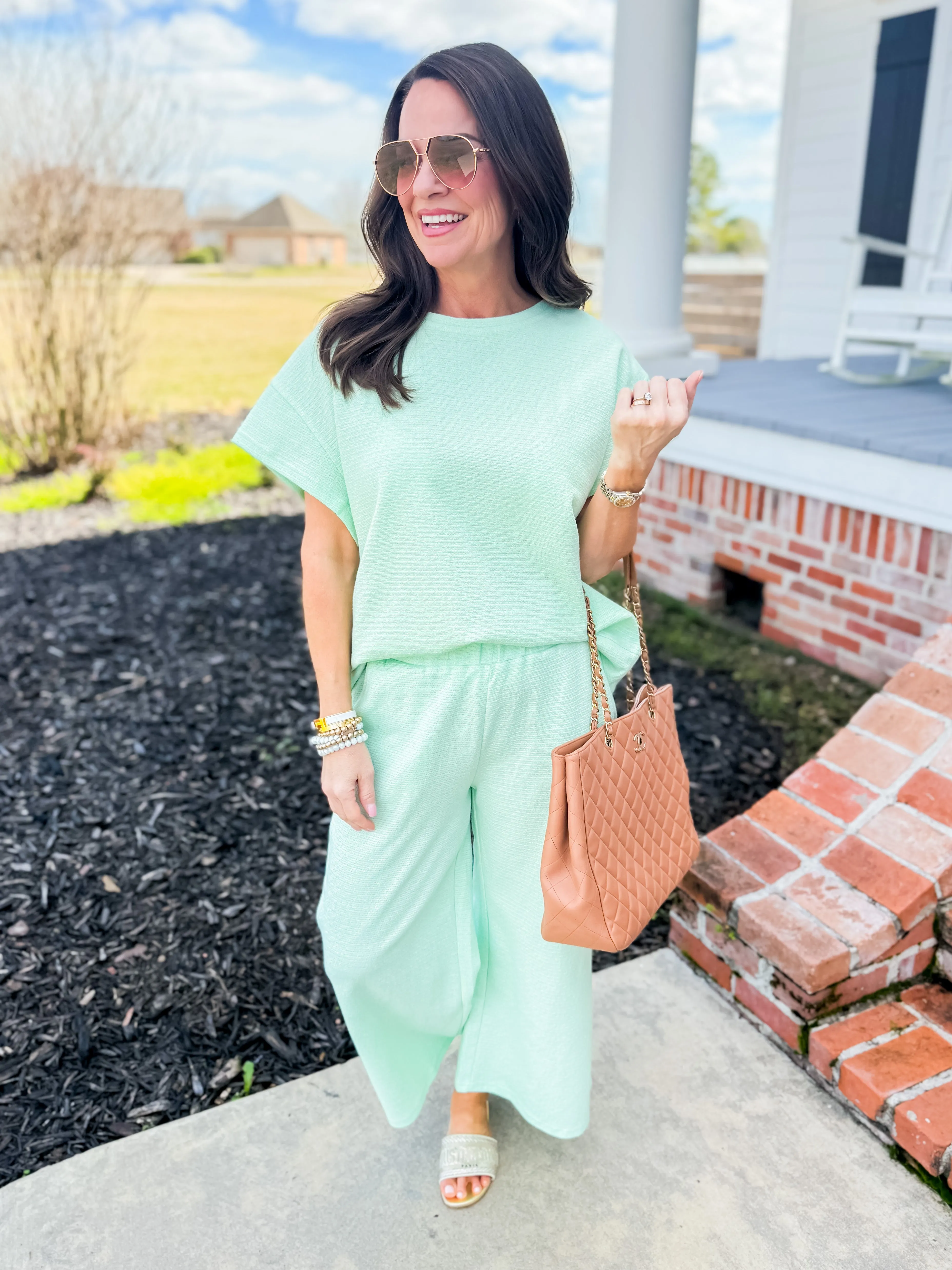 Mint Metallic Textured Short Sleeve & Pants Lounge Set