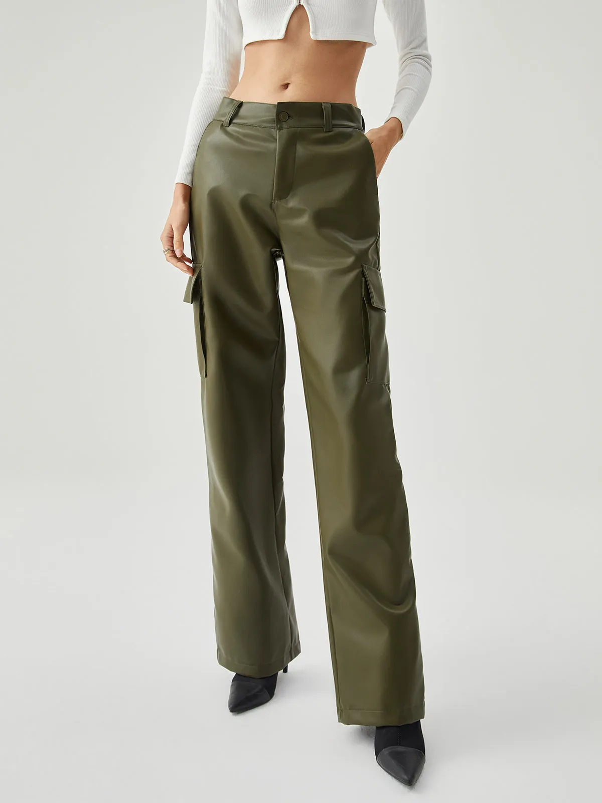 Multiple Pockets Leather Trendy Straight Leg Pants